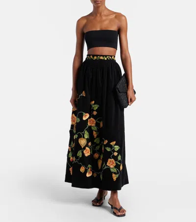 Agua By Agua Bendita Tangelo Embroidered Cotton-blend Maxi Skirt In Black