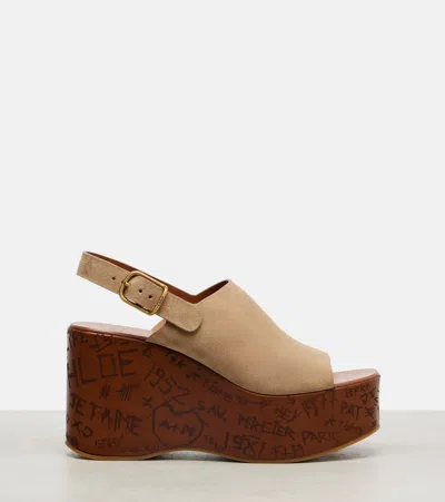 Chloé Maxime Suede Platform Wedge Sandals In Brown