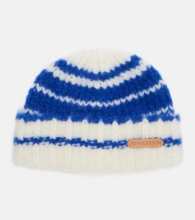 Jw Anderson Striped Brushed Alpaca-blend Beanie In White