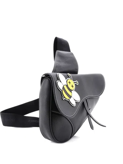 Pre-owned Dior Kaws Saddle Leather With Applique Crossbody Bag In Black