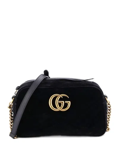 Pre-owned Gucci Gg Marmont Shoulder Bag Matelasse Velvet Small Crossbody Bag In Black