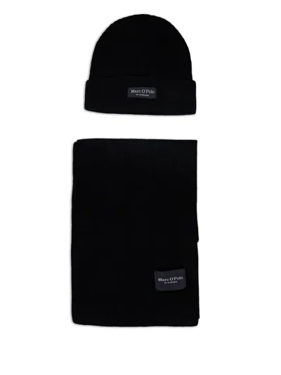 Marc O'polo Logo-patch Beanie Hat Set In Black