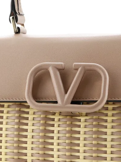 Pre-owned Valentino Garavani Vsling Top Handle Bag Wicker With Leather Small Shoulder Bag In Brown