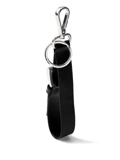 Prada Triangle-logo Leather Keyring In Black