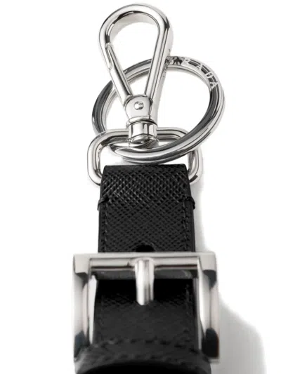 Prada Triangle-logo Leather Keyring In Black