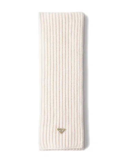 Prada Enameled Triangle Rib Knit Scarf In Neutral