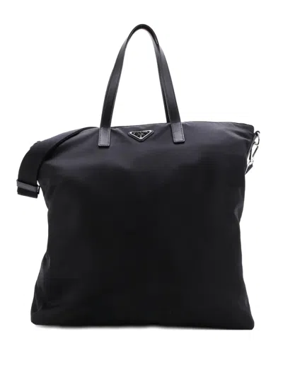 Pre-owned Prada Vela Zip Top Convertible Tessuto Large Tote Bag In Black