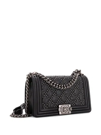 Pre-owned Chanel Boy Flap Bag Studded Quilted Distressed Calfskin Old Medium Shoulder Bag In Black