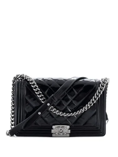 Pre-owned Chanel Boy Flap Bag Chevron Patent New Medium Shoulder Bag In Black