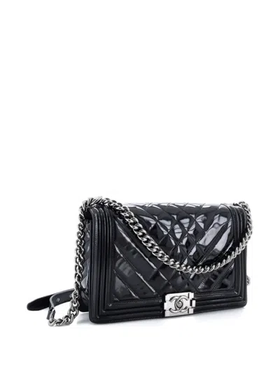 Pre-owned Chanel Boy Flap Bag Chevron Patent New Medium Shoulder Bag In Black