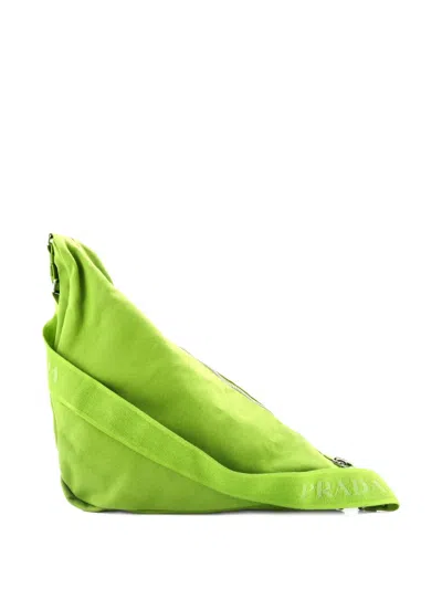 Pre-owned Prada Triangle Logo Zip Crossbody Bag Embossed Canvas Large Shoulder Bag In Green