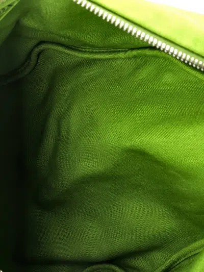 Pre-owned Prada Triangle Logo Zip Crossbody Bag Embossed Canvas Large Shoulder Bag In Green