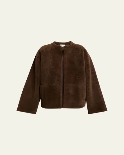 The Row Valorin Lamb Shearling Collarless Jacket In Brown