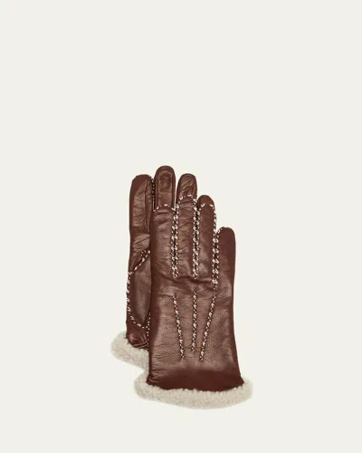 Agnelle Classic Leather Gloves With Shearling Cuffs In Brown
