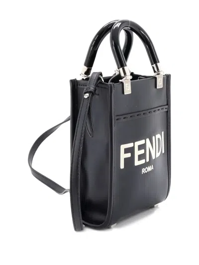 Pre-owned Fendi Sunshine Shopper Tote Leather Mini Crossbody Bag In Black