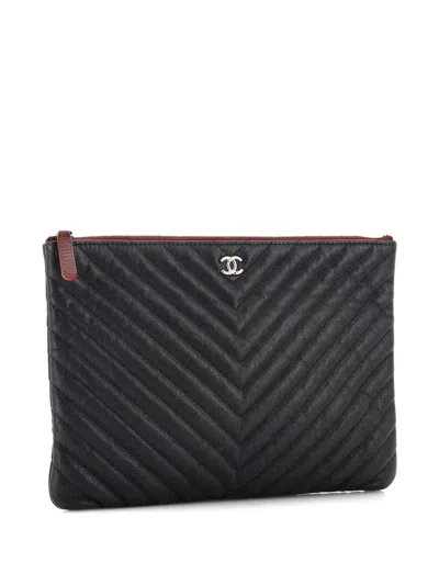 Pre-owned Chanel O Case Chevron Caviar Medium Clutch Bag In Black