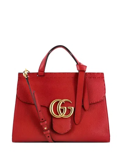 Pre-owned Gucci Gg Marmont Top Handle Bag Leather Small Satchel In Red