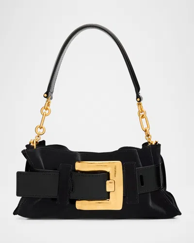 Balmain Anthem Mini Buckle Shoulder Bag In Velvet In Black