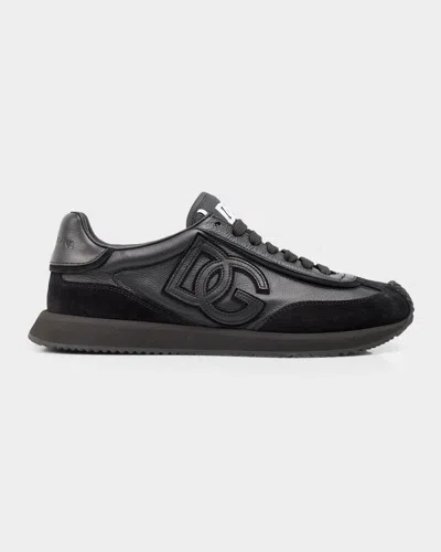 Dolce & Gabbana Round Toe Leather Sneakers With Suede Accents In Black