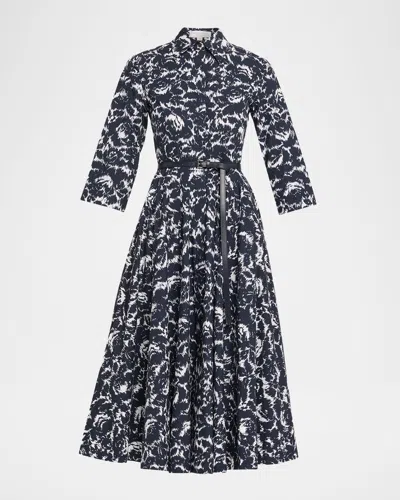 Michael Kors Belted Floral-print Cotton Midi Shirtdress In Gray