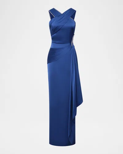 Theia Cressida Rhinestone-trim Halter Column Gown In Blue