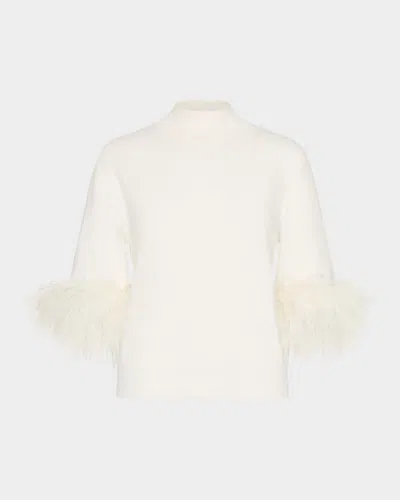 Milly Short Sleeve Feather Mock Neck Sweater In White