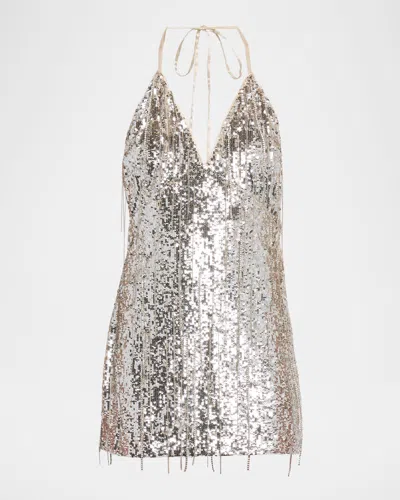 Ramy Brook Annabelle Deep V-neck Sequin Fringe Mini Dress In Silver