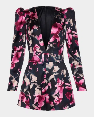 Ramy Brook Ravenna Floral Plunging Long-sleeve Romper In Black