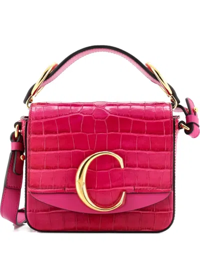 Pre-owned Chloé C Double Carry Bag Crocodile Embossed Leather Mini Shoulder Bag In Pink