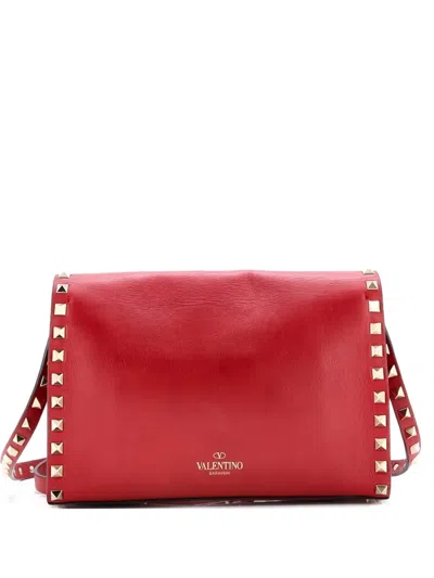 Pre-owned Valentino Garavani Rockstud Flip Lock Flap Bag Leather Medium Crossbody Bag In Red