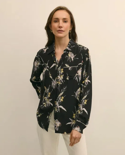 Brooks Brothers Crepe Viscose Relaxed Bird-print Blouse In Black