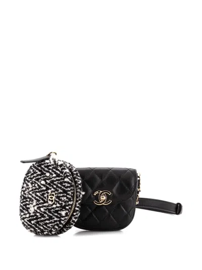 Pre-owned Chanel Cc Waist Bag With Coin Purse Quilted Lambskin And Tweed Belt Bag In Black