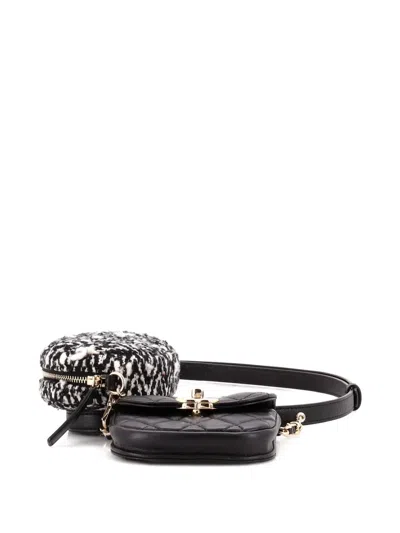 Pre-owned Chanel Cc Waist Bag With Coin Purse Quilted Lambskin And Tweed Belt Bag In Black