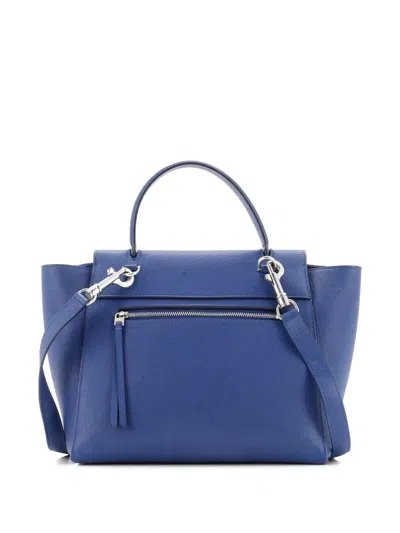 Pre-owned Celine Belt Bag Textured Leather Medium Satchel In Blue