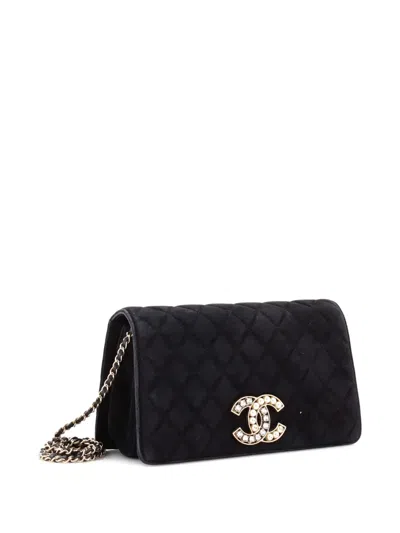 Pre-owned Chanel Cc Chain Full Flap Bag Quilted Suede With Faux Pearls And Crystals Shoulder Bag In Black