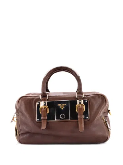 Pre-owned Prada Lock Plate Zippers Glace Calf Large Satchel In Brown