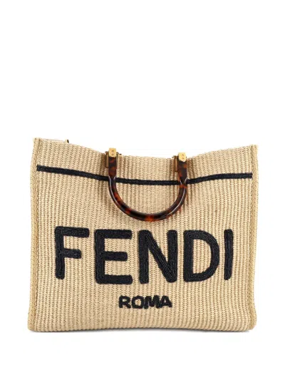 Pre-owned Fendi Sunshine Shopper Woven Raffia Medium Tote Bag In Neutral