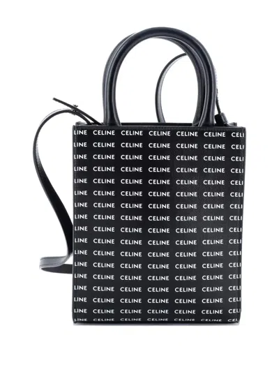 Pre-owned Celine Vertical Cabas All Over Logo Print Leather Mini Tote Bag In Black
