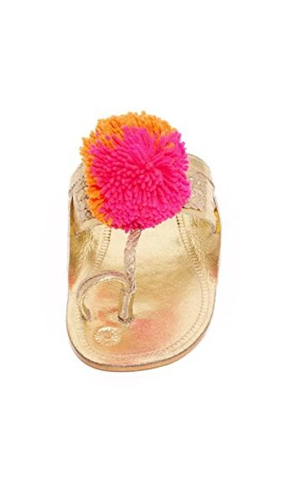 Shop Figue Leo Pom Pom Sandals In Gold/pink Multi