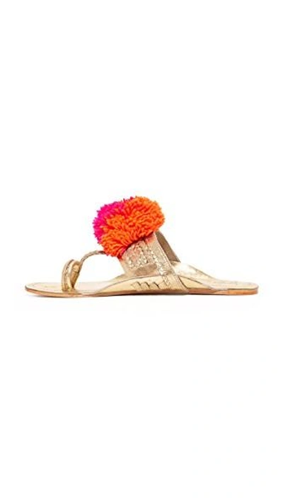 Shop Figue Leo Pom Pom Sandals In Gold/pink Multi