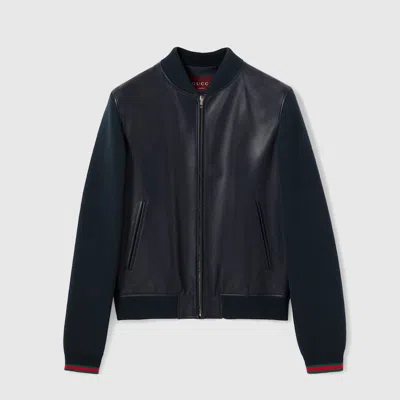 Gucci Nappa Leather And Knit Bomber Jacket In Blue