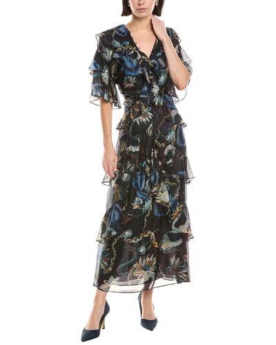 Marchesa Notte Printed Silk-blend Ruffle Midi Dress In Blue