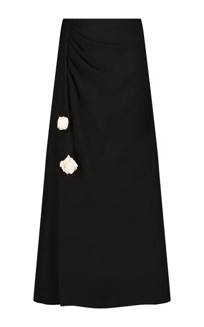 Lela Rose Floral-appliqued Crepe Ruched Skirt In Black