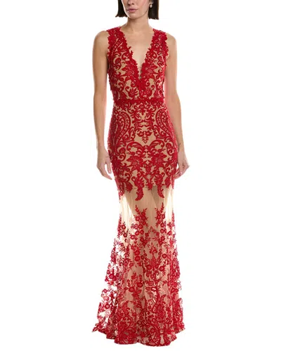 Marchesa Notte Sleeveless Deep V-neck Embroidered Gown In Red