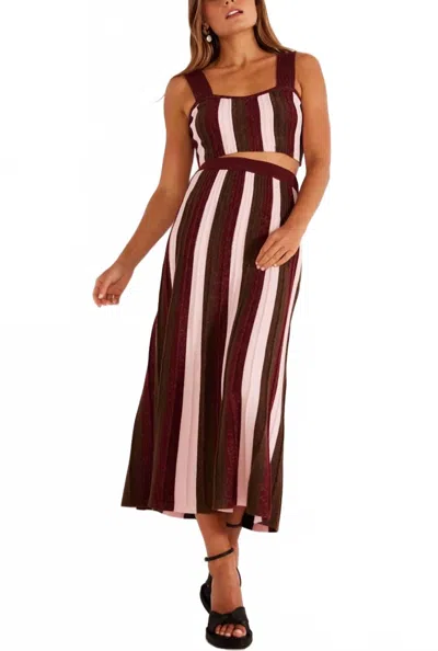 Minkpink Eden Metallic Knit Midi Skirt In Metallic Stripe In Burgundy