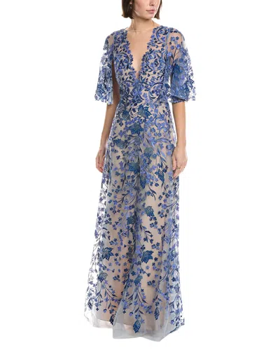 Marchesa Notte Embroidery On Tulle Gown In Blue