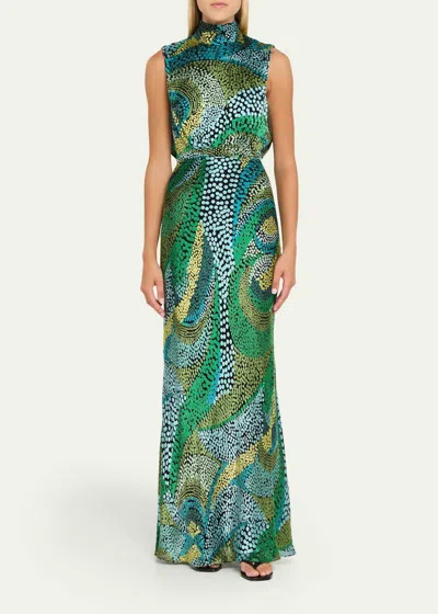 Saloni Fleur Printed High-neck Dress In Jungle In Green