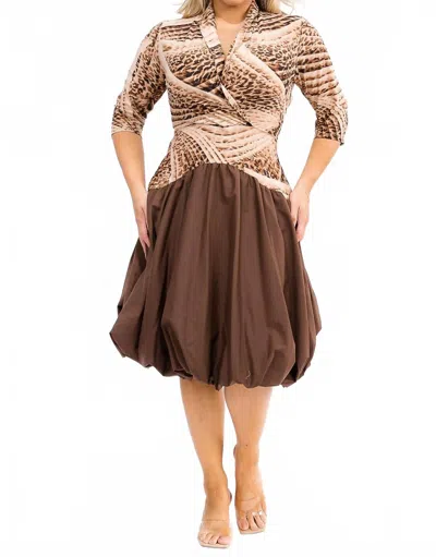 Karen T Design V-neck Balloon Dress In Brown In Brown