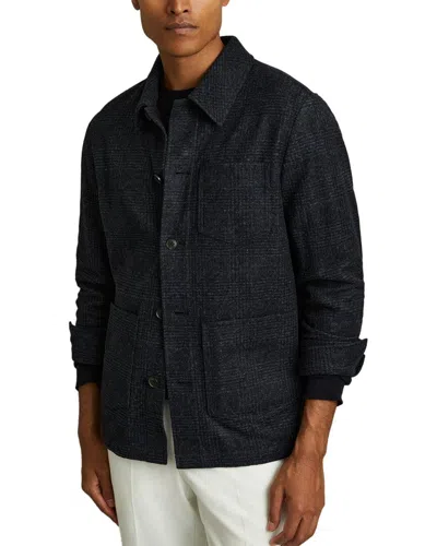 Reiss Navy Melange Checked Button Through Worker Jacket In Black