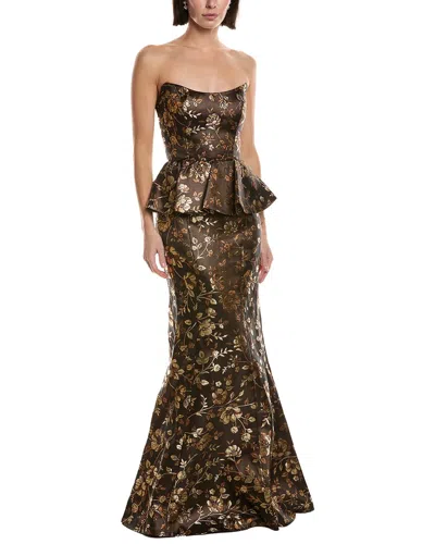 Marchesa Notte Jacquard Peplum Gown In Brown